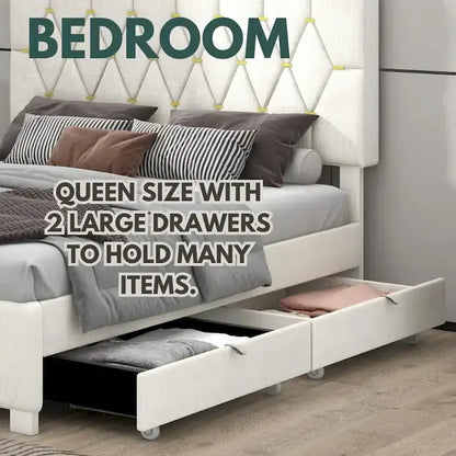 Queen Size Platform Bed with Gold Tufted Headboard with Trundle And Storage Drawers (600lb Capacity)