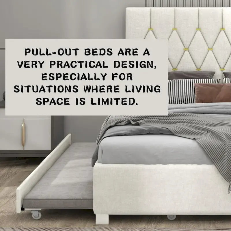 Queen Size Platform Bed with Gold Tufted Headboard with Trundle And Storage Drawers (600lb Capacity)