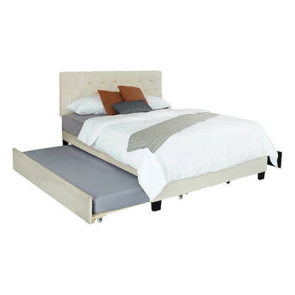 Queen Size Platform Bed with Gold Tufted Headboard with Trundle And Storage Drawers (600lb Capacity)