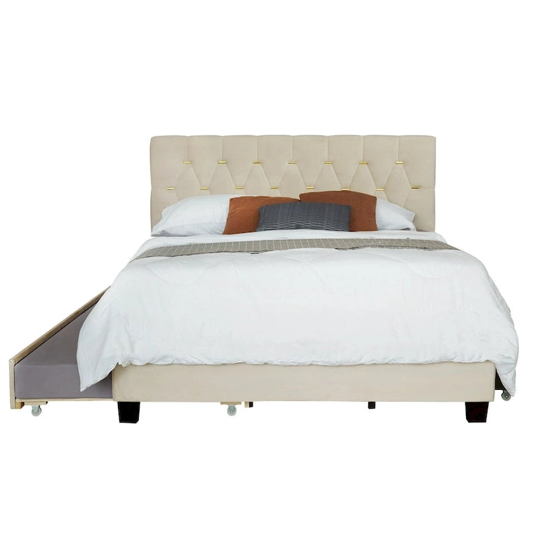 Queen Size Platform Bed with Gold Tufted Headboard with Trundle And Storage Drawers (600lb Capacity)