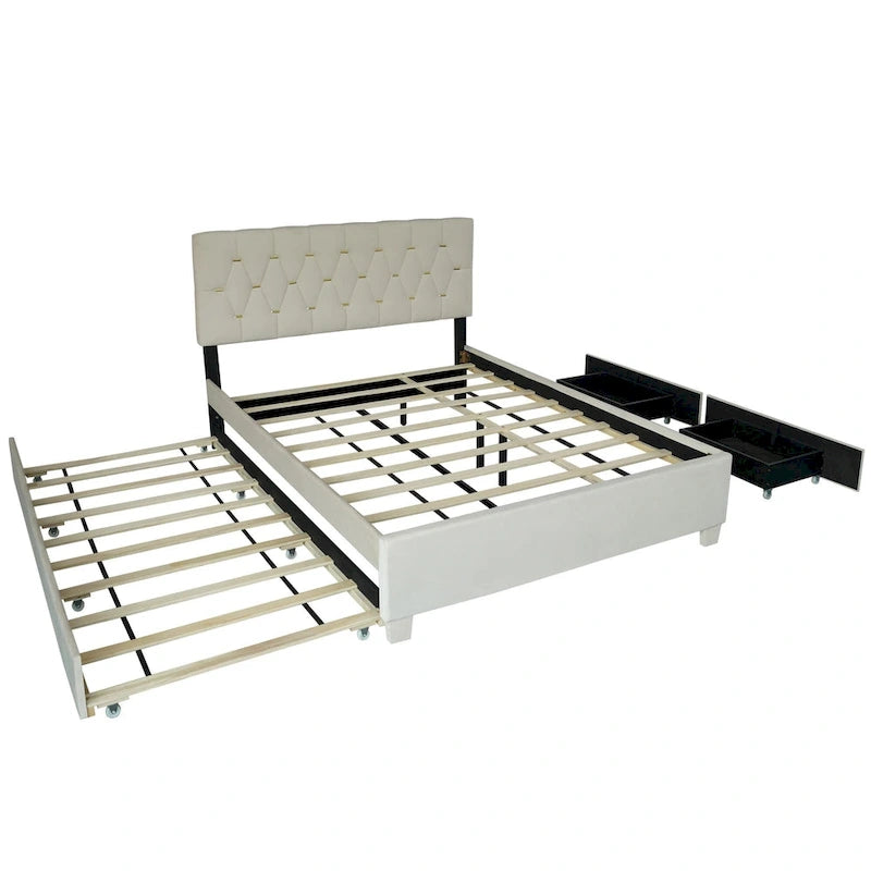 Queen Size Platform Bed with Gold Tufted Headboard with Trundle And Storage Drawers (600lb Capacity)