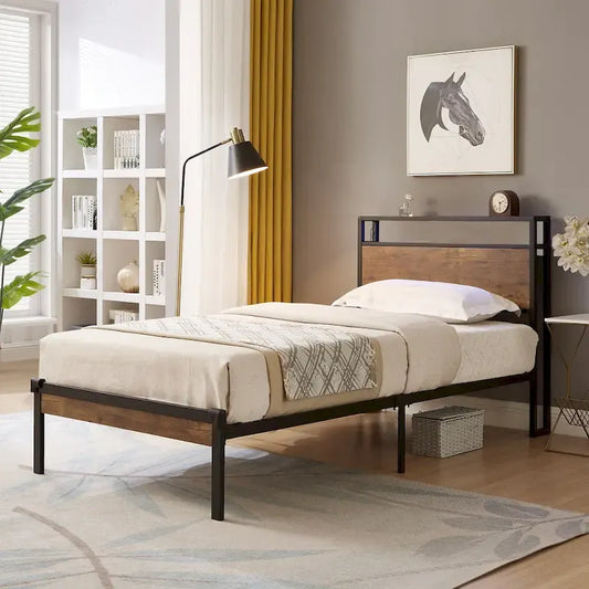 Twin Size Metal Platform Bed with Wooden Headboard and Footboard with USB Liner