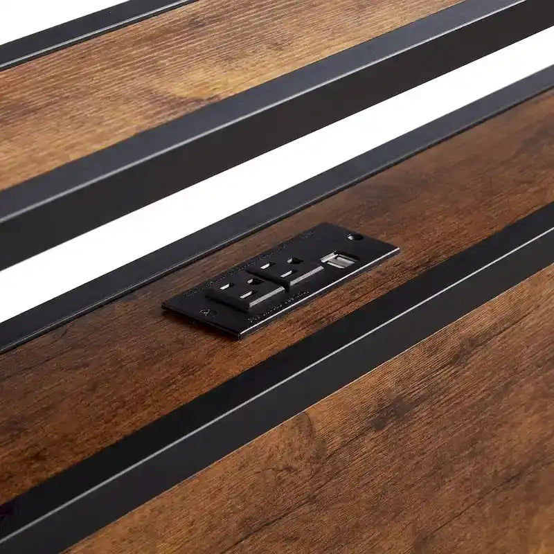 Twin Size Metal Platform Bed with Wooden Headboard and Footboard with USB Liner