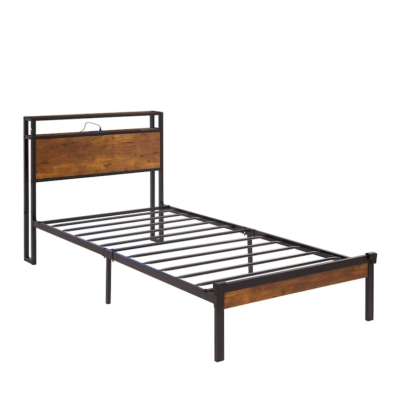 Twin Size Metal Platform Bed with Wooden Headboard and Footboard with USB Liner