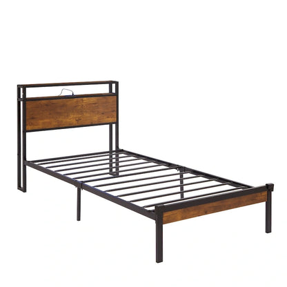 Twin Size Metal Platform Bed with Wooden Headboard and Footboard with USB Liner
