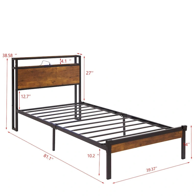 Twin Size Metal Platform Bed with Wooden Headboard and Footboard with USB Liner