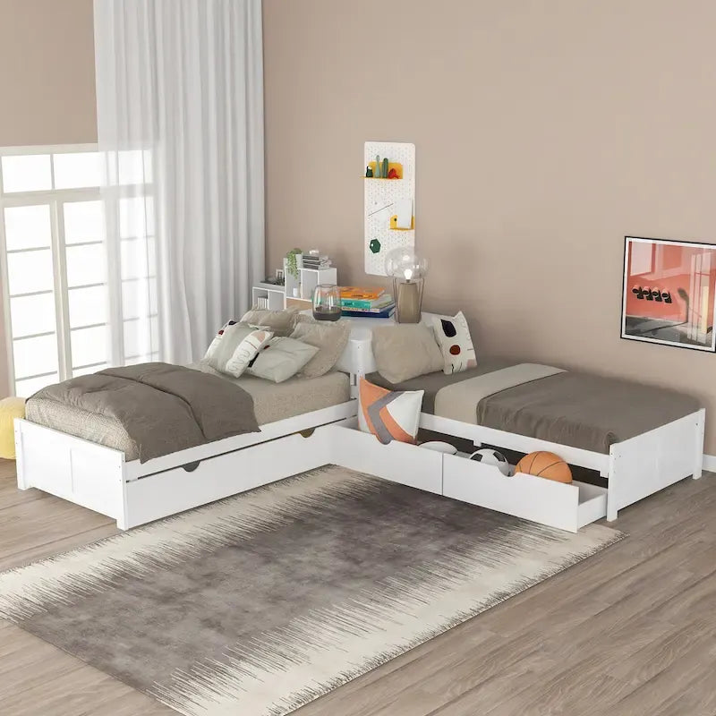 White Modern Twin Size L-shaped Platform Bed with Trundle and Drawers for Bedroom