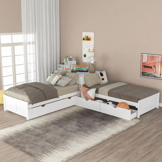 White Modern Twin Size L-shaped Platform Bed with Trundle and Drawers for Bedroom