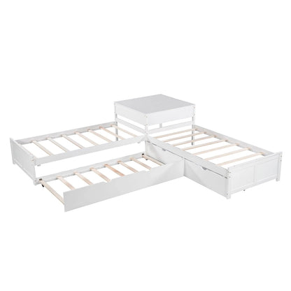 White Modern Twin Size L-shaped Platform Bed with Trundle and Drawers for Bedroom