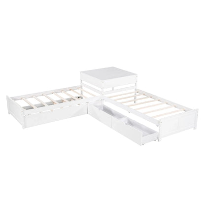 White Modern Twin Size L-shaped Platform Bed with Trundle and Drawers for Bedroom