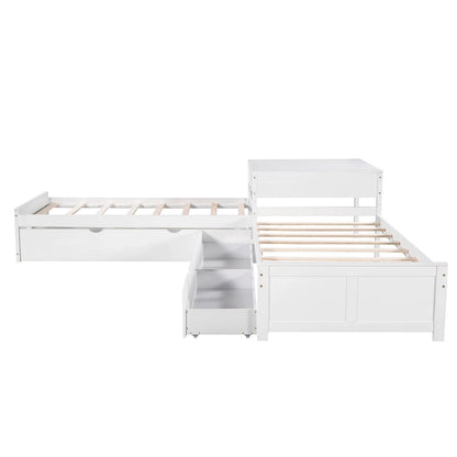 White Modern Twin Size L-shaped Platform Bed with Trundle and Drawers for Bedroom