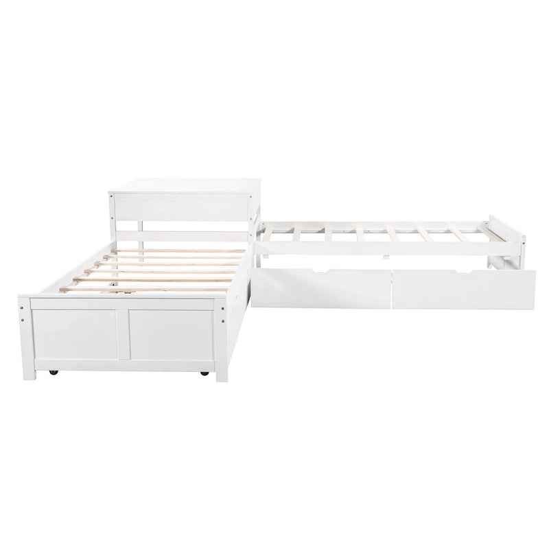 White Modern Twin Size L-shaped Platform Bed with Trundle and Drawers for Bedroom