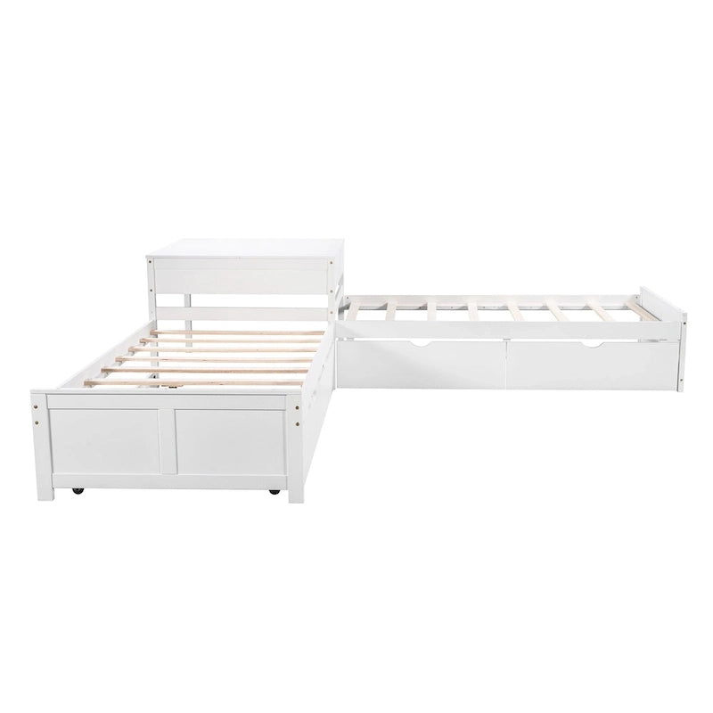 White Modern Twin Size L-shaped Platform Bed with Trundle and Drawers for Bedroom