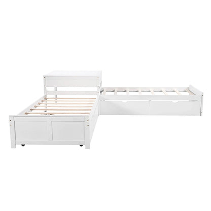 White Modern Twin Size L-shaped Platform Bed with Trundle and Drawers for Bedroom