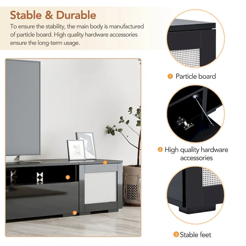 Black 82 TV Stand with Push-Open Doors & LED for TVs Up to 90