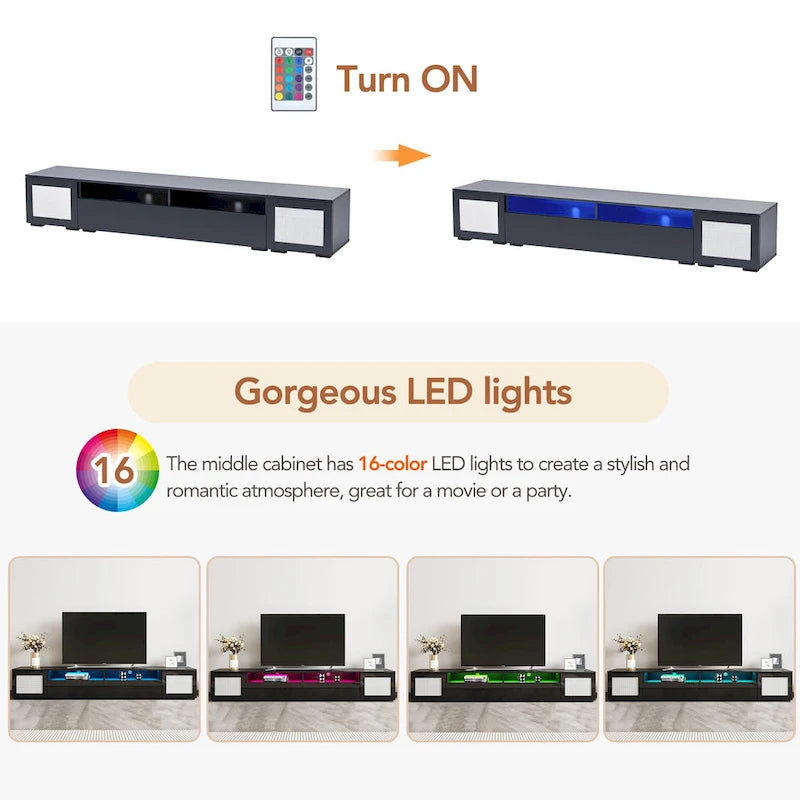 Black 82 TV Stand with Push-Open Doors & LED for TVs Up to 90