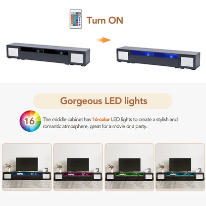 Black 82 TV Stand with Push-Open Doors & LED for TVs Up to 90