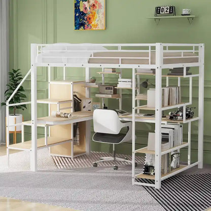White Full Size Metal Loft Bed with Storage Staircase and Small Wardrobe, Built-in Desk and Storage Shelves