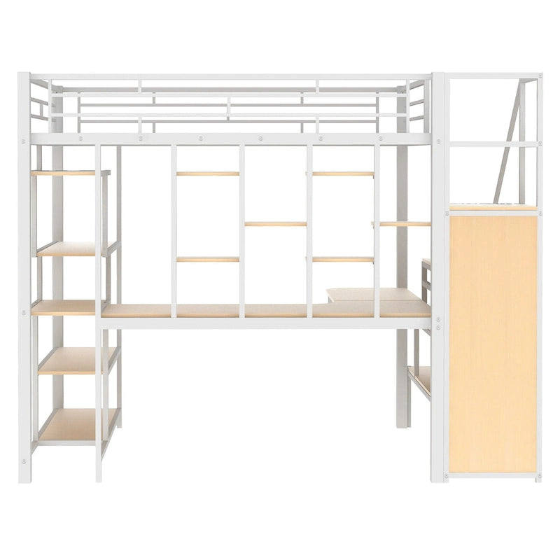 White Full Size Metal Loft Bed with Storage Staircase and Small Wardrobe, Built-in Desk and Storage Shelves