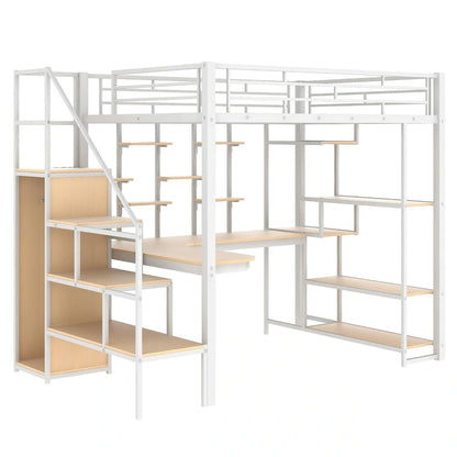 White Full Size Metal Loft Bed with Storage Staircase and Small Wardrobe, Built-in Desk and Storage Shelves