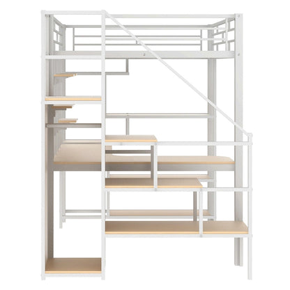 White Full Size Metal Loft Bed with Storage Staircase and Small Wardrobe, Built-in Desk and Storage Shelves