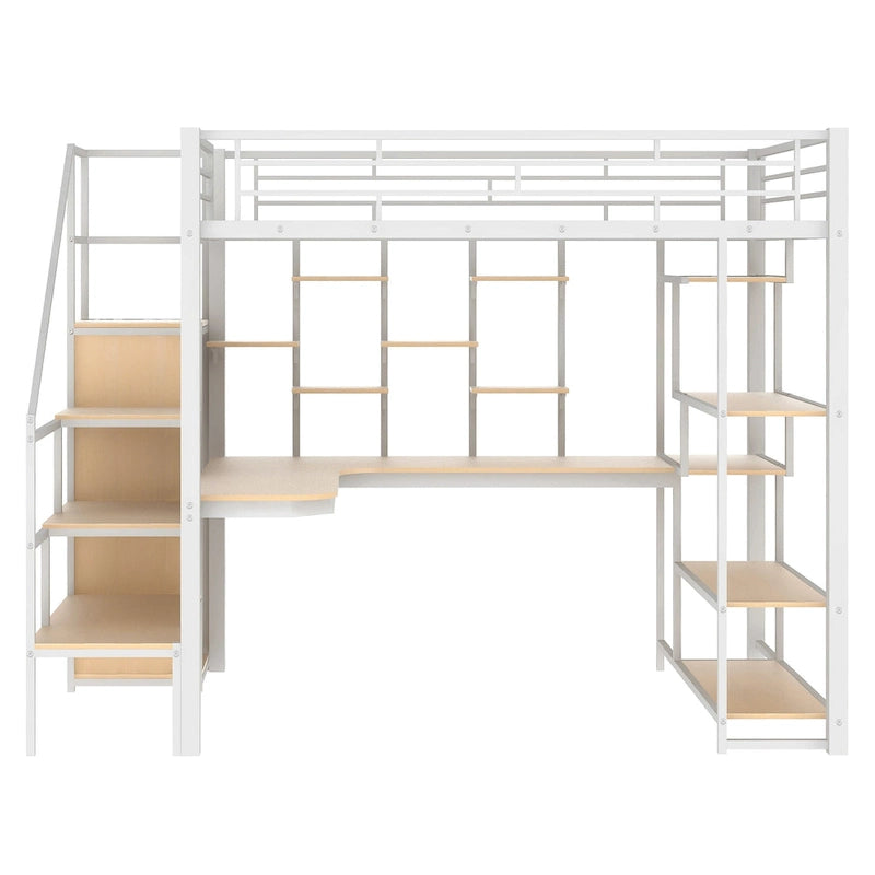 White Full Size Metal Loft Bed with Storage Staircase and Small Wardrobe, Built-in Desk and Storage Shelves