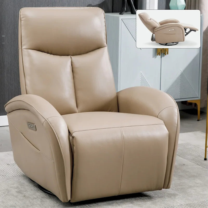 PU Leather 270 Swivel Glider Rocker Power Recliner with 2 Side Pockets, USB & Type-C Ports