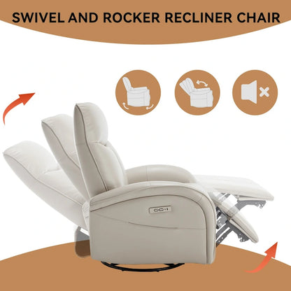 PU Leather 270 Swivel Glider Rocker Power Recliner with 2 Side Pockets, USB & Type-C Ports