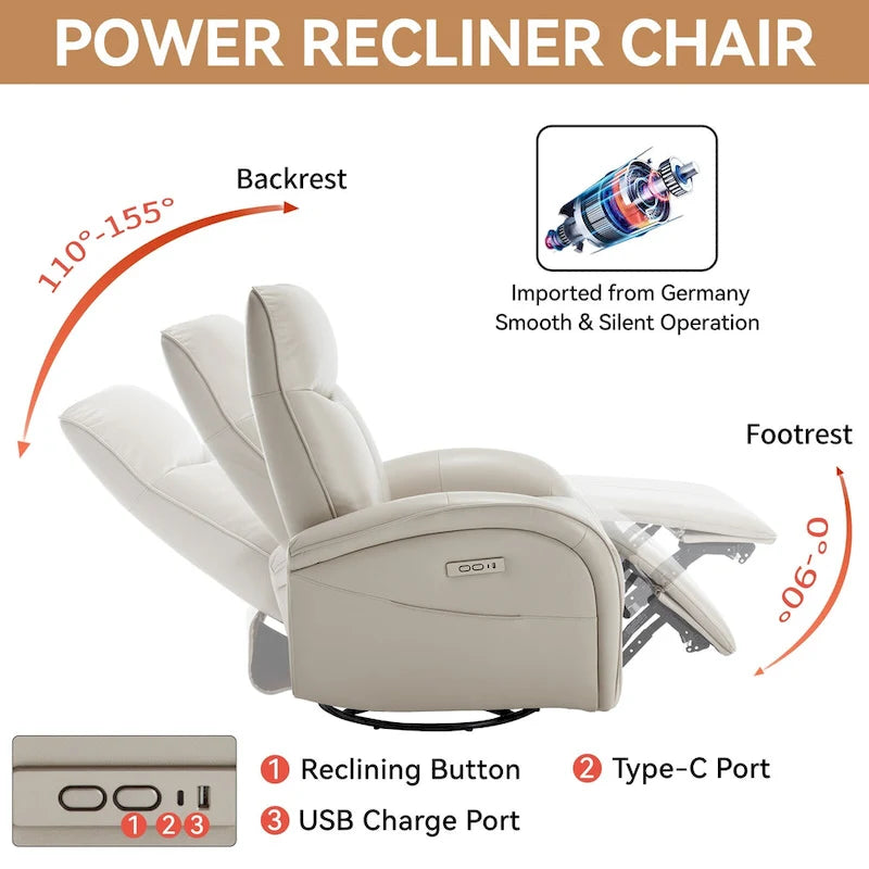 PU Leather 270 Swivel Glider Rocker Power Recliner with 2 Side Pockets, USB & Type-C Ports