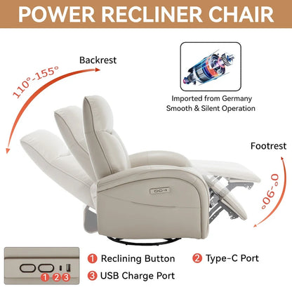 PU Leather 270 Swivel Glider Rocker Power Recliner with 2 Side Pockets, USB & Type-C Ports