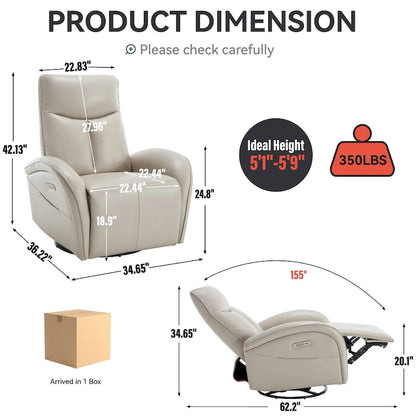 PU Leather 270 Swivel Glider Rocker Power Recliner with 2 Side Pockets, USB & Type-C Ports