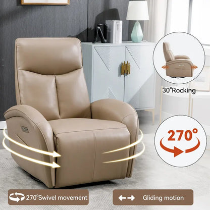 PU Leather 270 Swivel Glider Rocker Power Recliner with 2 Side Pockets, USB & Type-C Ports