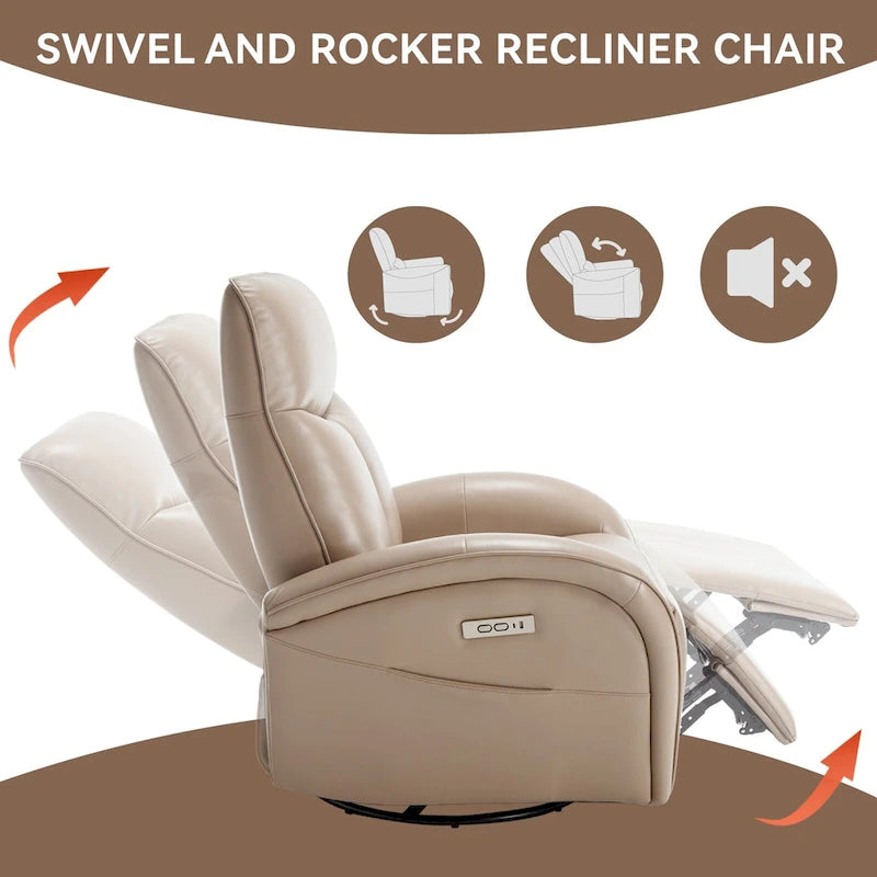 PU Leather 270 Swivel Glider Rocker Power Recliner with 2 Side Pockets, USB & Type-C Ports