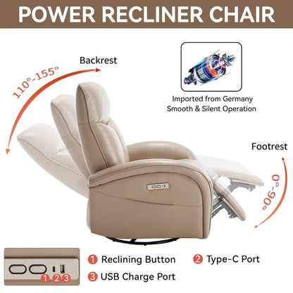 PU Leather 270 Swivel Glider Rocker Power Recliner with 2 Side Pockets, USB & Type-C Ports