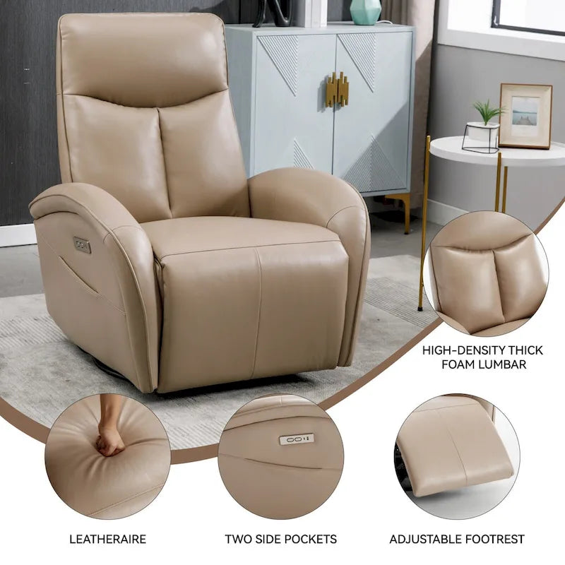 PU Leather 270 Swivel Glider Rocker Power Recliner with 2 Side Pockets, USB & Type-C Ports