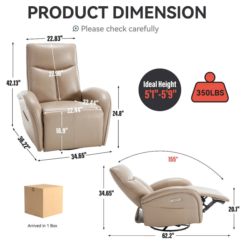 PU Leather 270 Swivel Glider Rocker Power Recliner with 2 Side Pockets, USB & Type-C Ports