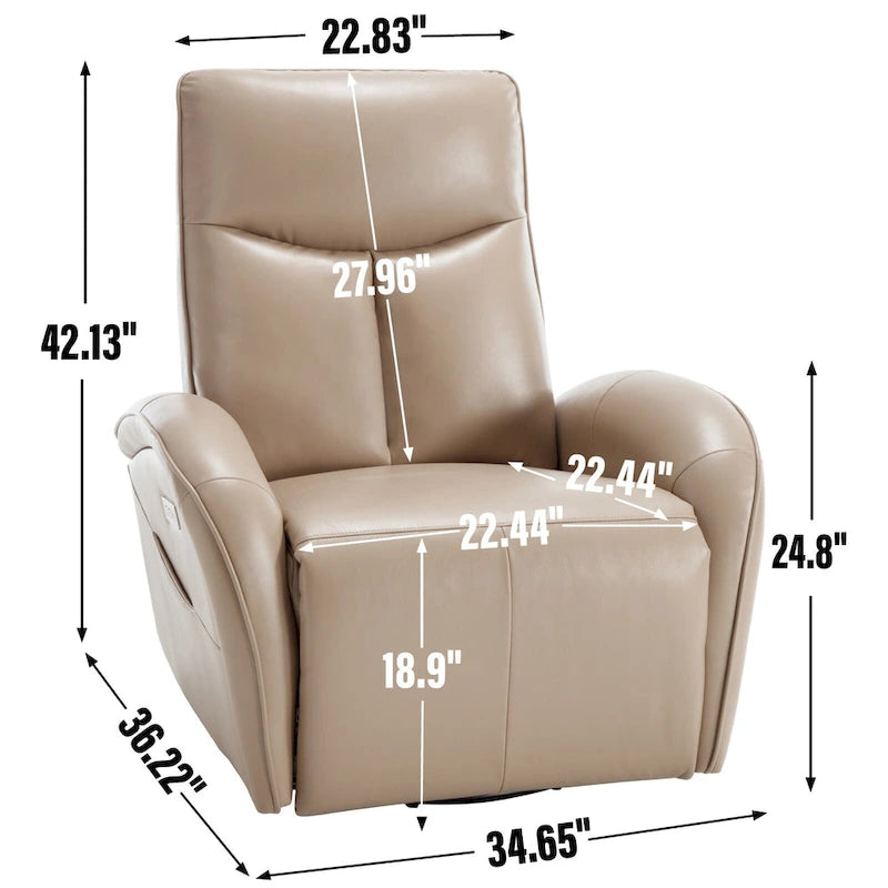 PU Leather 270 Swivel Glider Rocker Power Recliner with 2 Side Pockets, USB & Type-C Ports
