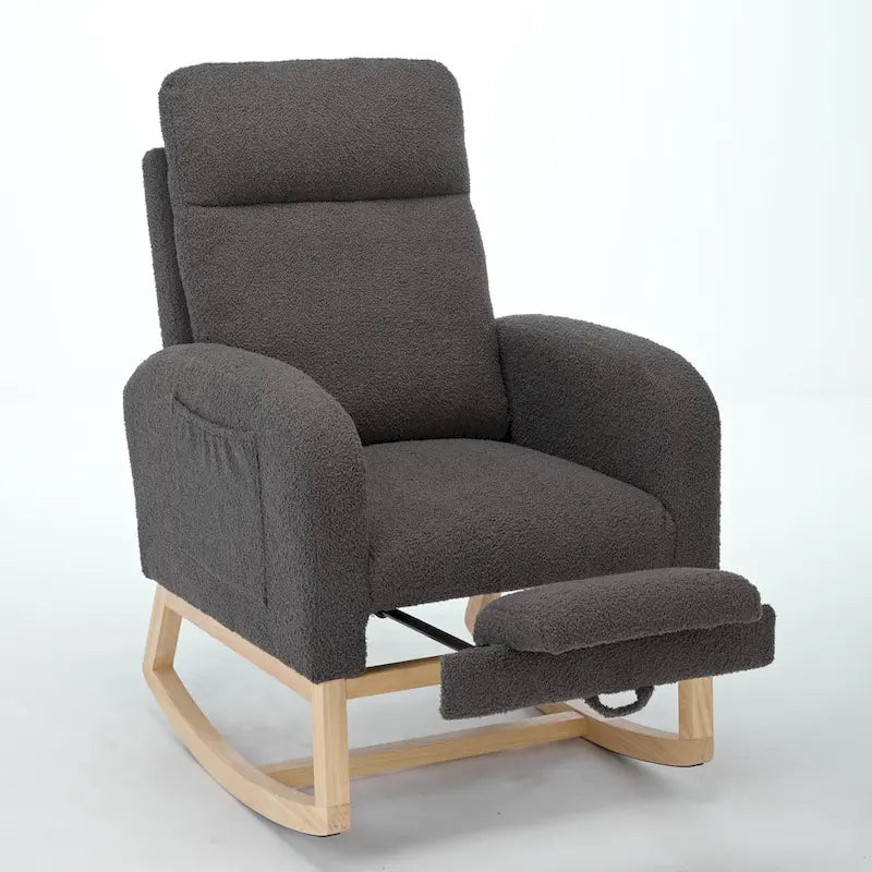 Modern 29.5 High Back Upholstered Rocking Chair with Solid Wood Legs and Adjustable Footrest