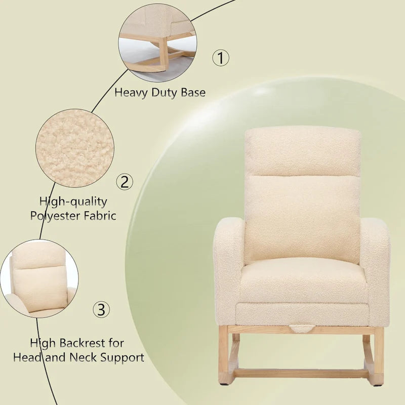 Modern 29.5 High Back Upholstered Rocking Chair with Solid Wood Legs and Adjustable Footrest