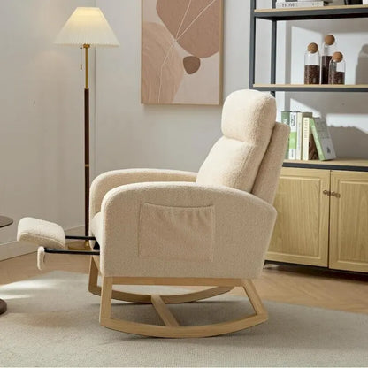 Modern 29.5 High Back Upholstered Rocking Chair with Solid Wood Legs and Adjustable Footrest