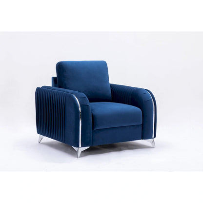 Blue Modern 38 Velvet UpholsteredAccent Chair with Polished Chrome Trim Legs and Vertical Pleated Design