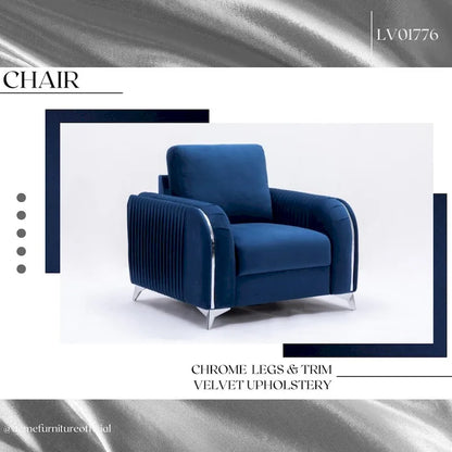 Blue Modern 38 Velvet UpholsteredAccent Chair with Polished Chrome Trim Legs and Vertical Pleated Design