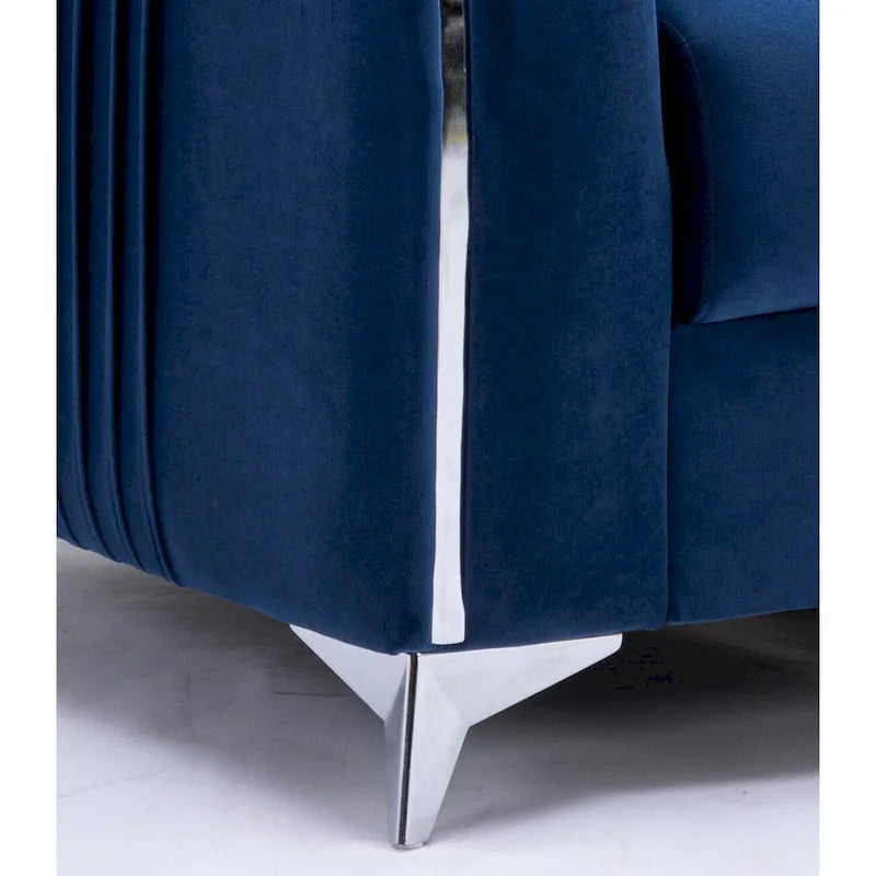 Blue Modern 38 Velvet UpholsteredAccent Chair with Polished Chrome Trim Legs and Vertical Pleated Design
