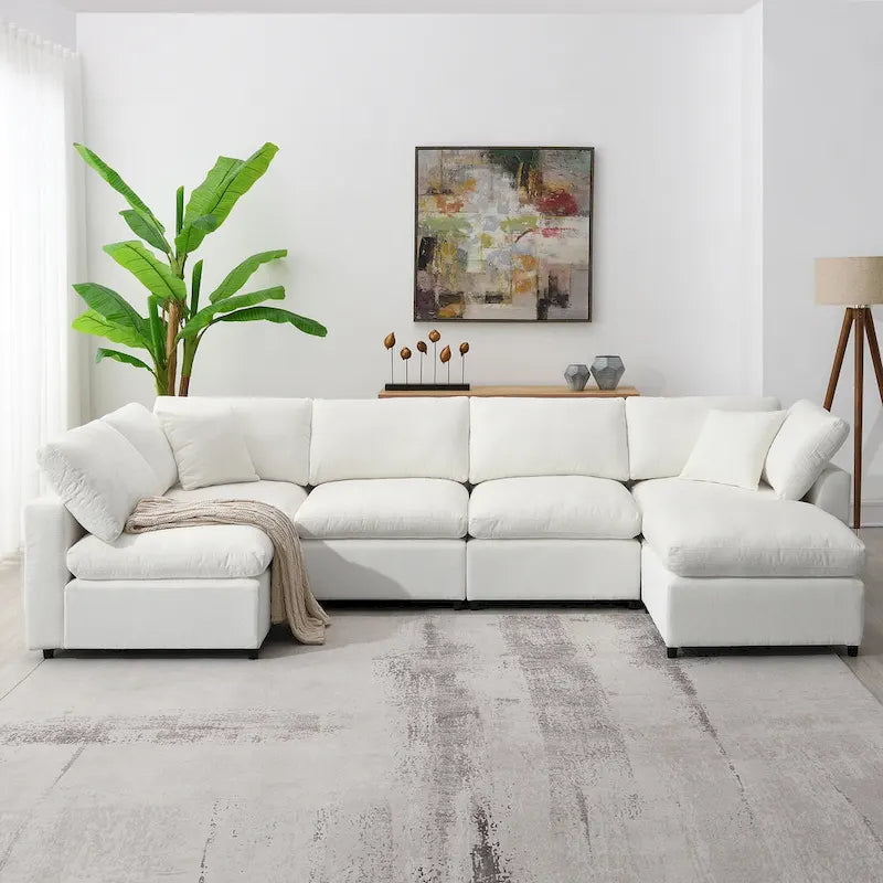 Beige 130 Chenille U-Shaped Sleeper Sectional Sofa, 6-Piece Modular Design