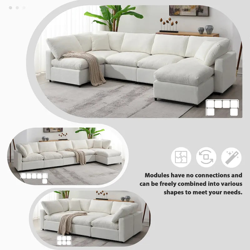 Beige 130 Chenille U-Shaped Sleeper Sectional Sofa, 6-Piece Modular Design
