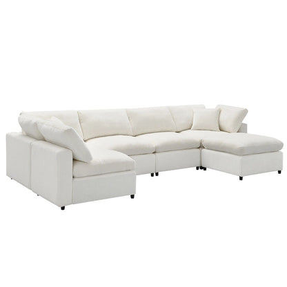 Beige 130 Chenille U-Shaped Sleeper Sectional Sofa, 6-Piece Modular Design