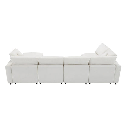 Beige 130 Chenille U-Shaped Sleeper Sectional Sofa, 6-Piece Modular Design