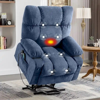 Blue Power Lift Recliner with Heat, Massage, USB Charging, Side Storage, and Remote Control