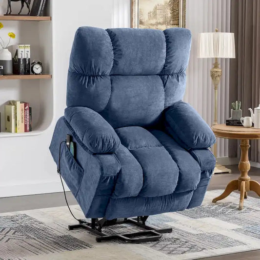 Blue Power Lift Recliner with Heat, Massage, USB Charging, Side Storage, and Remote Control