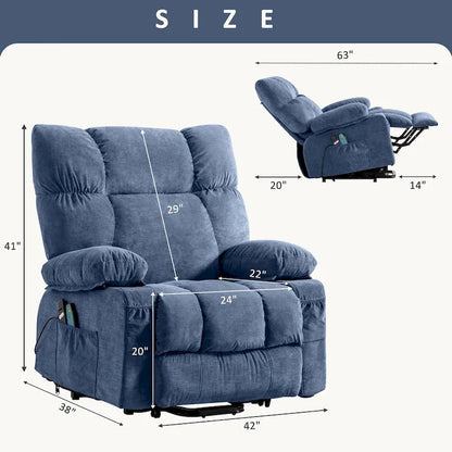 Blue Power Lift Recliner with Heat, Massage, USB Charging, Side Storage, and Remote Control